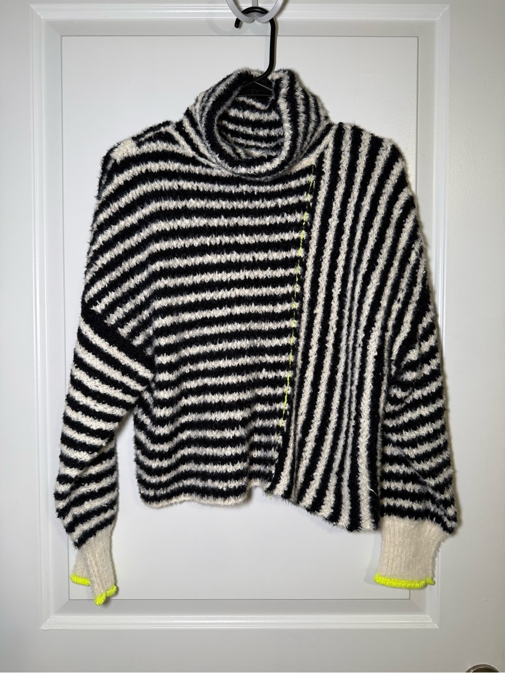 Pilcro Black & White Striped Cowl Neck Sweater with Neon Trim